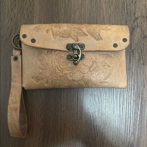 Embossed Tan Clutch with Wrist Strap